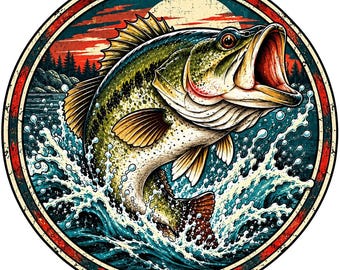バス釣りバッジPNG、円形魚ロゴデザイン、ビンテージ釣り師エンブレム、釣りクラブDTFダウンロード