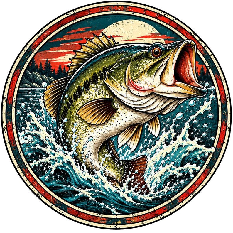 Bass Fishing Badge PNG, Circular Fish Logo Design, Vintage Angler Emblem, Fishing Club DTF Download image 1