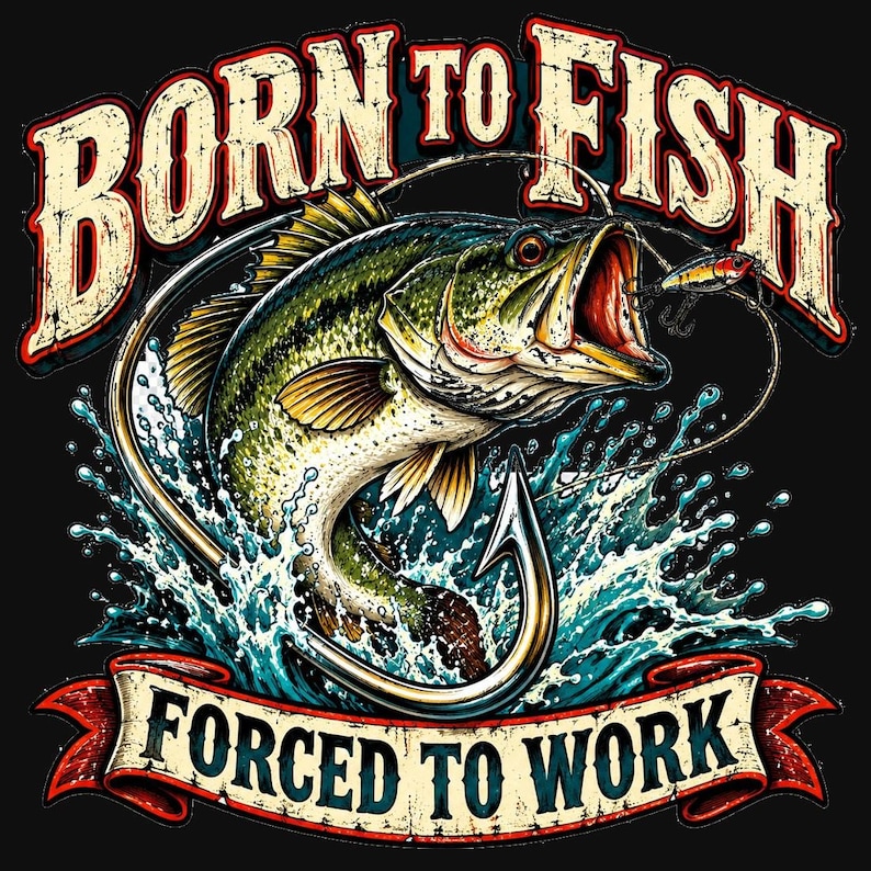 Born to Fish Forced to Work PNG, Funny Bass Fishing Design, Vintage Fishing Shirt Art, DTF Sublimation Download image 2