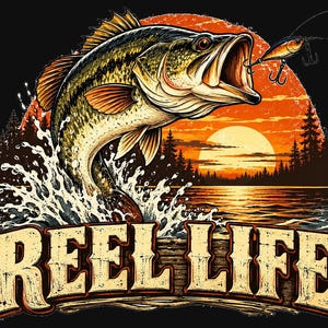 Imagen PNG de Reel Life Fishing, diseño vintage de puesta de sol con lubina, arte de camiseta de pescador retro, descarga de DTF divertida sobre pesca imagen 2