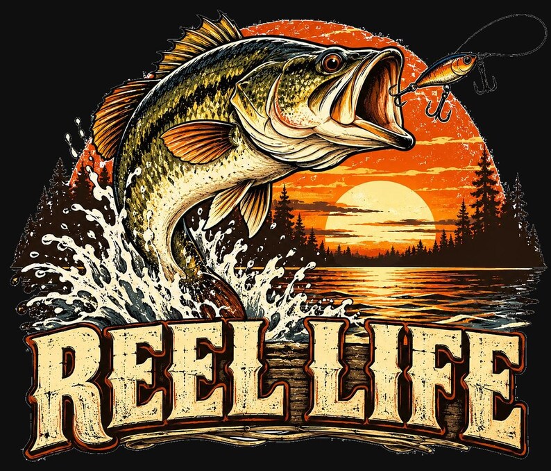 Imagen PNG de Reel Life Fishing, diseño vintage de puesta de sol con lubina, arte de camiseta de pescador retro, descarga de DTF divertida sobre pesca imagen 2