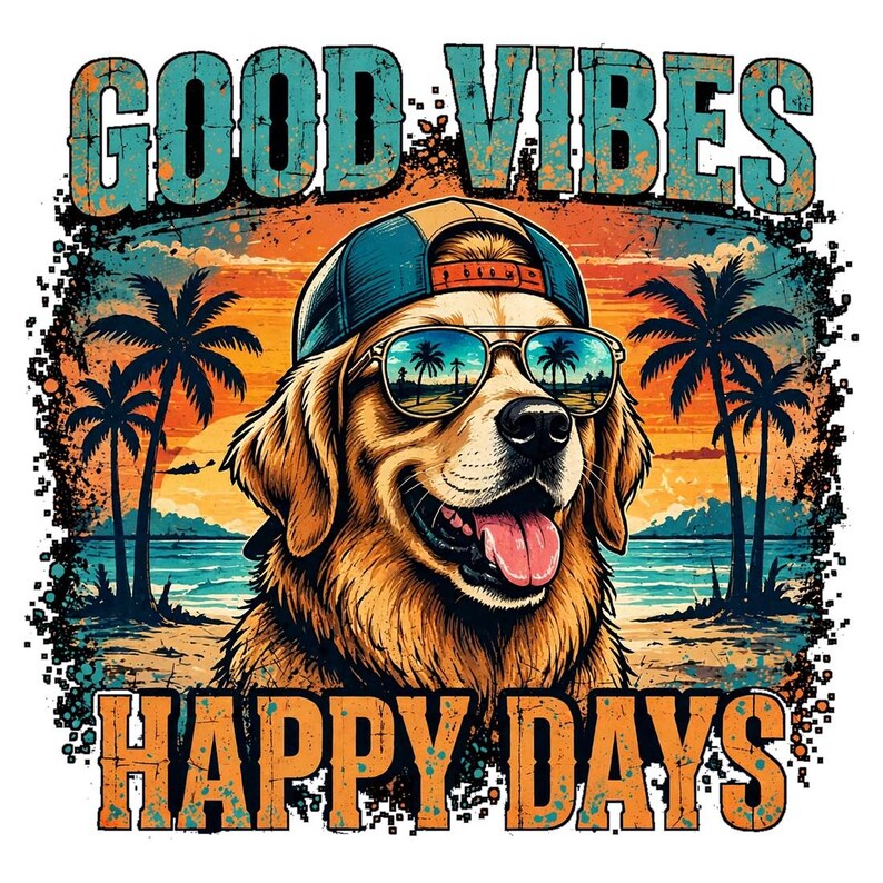 May include: A graphic illustration of a golden retriever wearing a blue baseball cap and sunglasses. The background features a sunset beach scene with palm trees. The text GOOD VIBES is at the top and HAPPY DAYS is at the bottom.