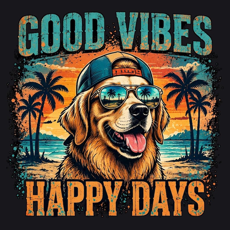 May include: A graphic illustration of a golden retriever wearing a blue baseball cap and sunglasses, set against a tropical beach sunset with palm trees. The text GOOD VIBES appears at the top and HAPPY DAYS at the bottom in bold letters.