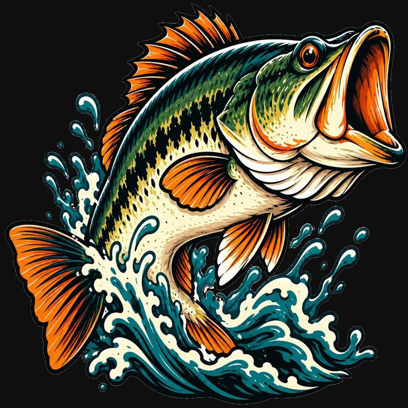 May include: A largemouth bass fish leaping out of water with its mouth wide open. The fish features dark green and cream scales with vibrant orange fins and tail. Splashing blue and white water droplets surround the fish against a black background.