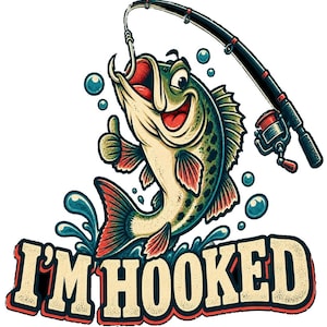 Me encanta pescar (PNG), diseño divertido de bajo de dibujos animados, arte para camisetas de pesca, descarga DTF para niños pescadores imagen 1