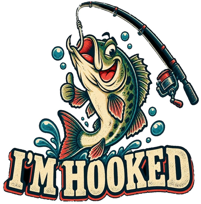 Me encanta pescar (PNG), diseño divertido de bajo de dibujos animados, arte para camisetas de pesca, descarga DTF para niños pescadores imagen 1