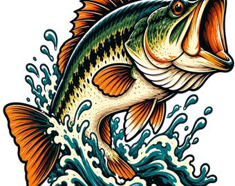 大胆なバス釣りPNG、シンプルな魚のデザイン（テキストなし）、太いアウトラインのバスアート、ミニマルなDTFダウンロード