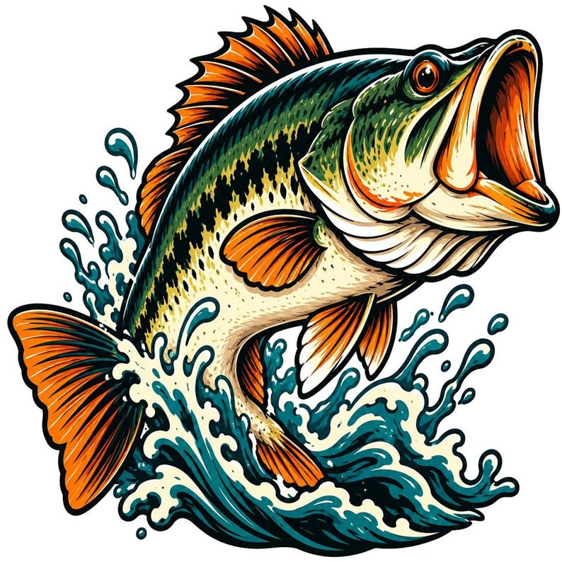 May include: A vibrant illustration of a largemouth bass leaping out of dark teal water with splashes. The fish features green and black scales, a cream-colored underbelly, and bright orange fins and tail with an open mouth.