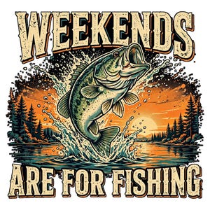 Weekends Are for Fishing PNG, Bass Fishing Design, Retro Lake Sunset Art, Funny Angler DTF Download image 2
