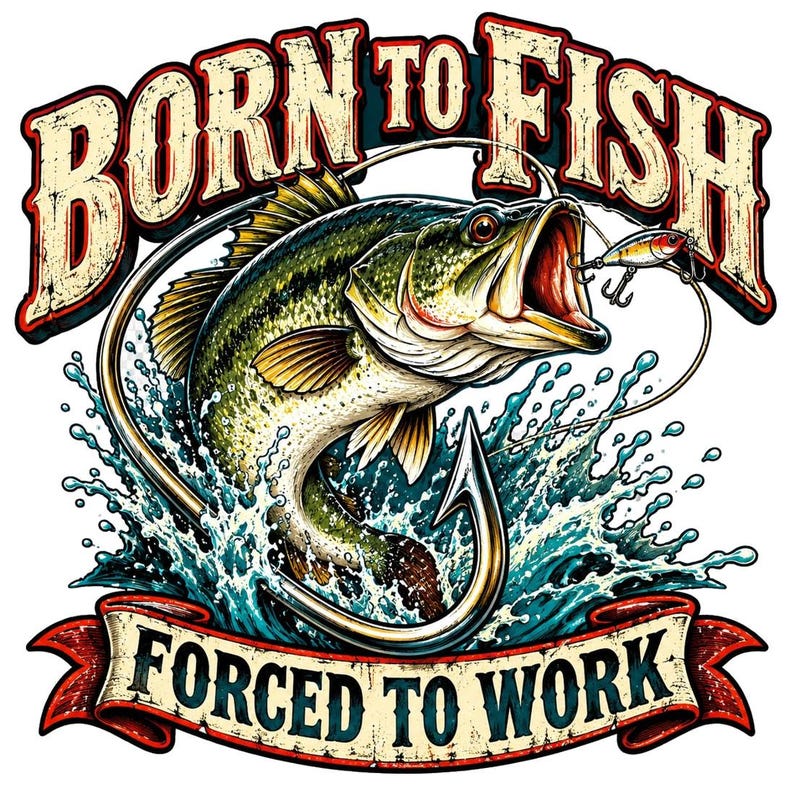 Born to Fish Forced to Work PNG, Funny Bass Fishing Design, Vintage Fishing Shirt Art, DTF Sublimation Download image 1