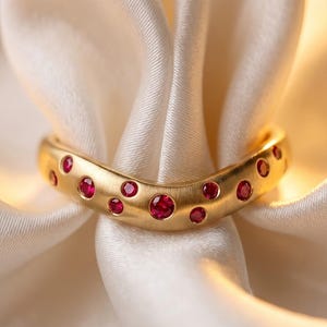 Flush Set Ruby Ring Curved Gold Wedding Band Matte Stacking Ring Scatter Gemstone Anniversary Band July Birthstone Jewelry for Women