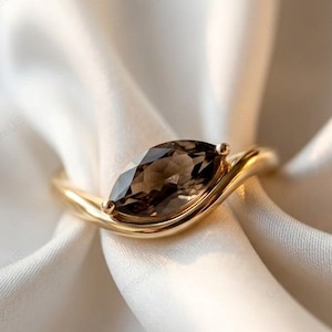 Rökkvartsring med marquise i 14k guld, förlovningsring med brun ädelsten för henne, unika solitärsmycken för bröllop, läcker bröllopsgåva