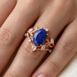 Lapis Lazuli Ring Rose Gold Rose Quartz Leaf Engagement Ring Blue Stone Wedding Band for Women Nature Inspired Branch Ring Celestial Jewelry