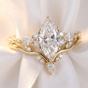 Marquise Verlobungsring Set, Solid Gold Braut Set, Einzigartige Marquise Diamant Ring, Gebogenes Stapelband, Vintage Inspiriertes Ehering Set
