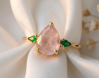 Pear Rose Quartz Emerald Ring 14k Gold Dainty Three Stone Engagement Ring for Women Pink Gemstone Teardrop Promise Ring May October Gift Her