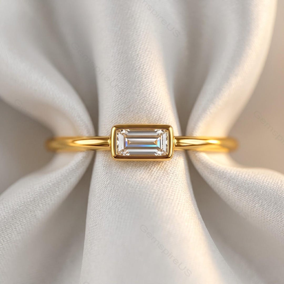 East West Baguette Moissanite Engagement Ring, 14k Gold Bezel Set ...