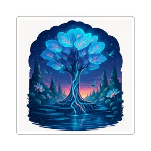 Blue Fantasy Tree sticker | Ethereal Night Landscape kiss-cut sticker