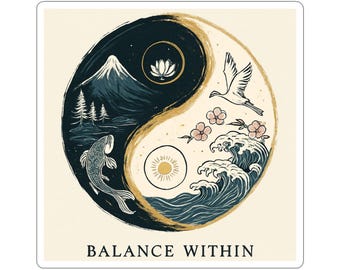 Yin Yang Nature Illustration Kiss-Cut Stickers | Balance Within, Mountains, Waves