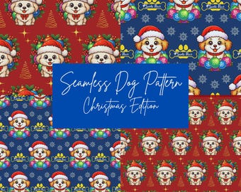 Christmas Dog Pattern | Adorable Dog Digital Paper | Holiday Seamless Backgrounds | Transparent PNG