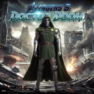 May include: A promotional image for "Avengers 5: Doctor Doom" featuring the character Doctor Doom. He is clad in a green tunic, cape, and a silver metal mask and armor. The background shows a destroyed cityscape with the film's title at the top.