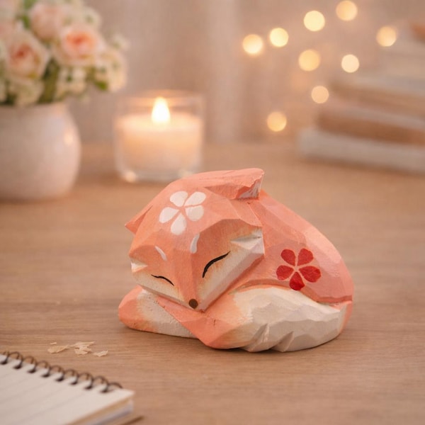 Statuetta in legno di volpe addormentata intagliata a mano, grazioso animale decorativo da scrivania, scultura in legno di volpe fatta a mano, decorazione per mensola della cameretta dei bambini, regalo del bosco