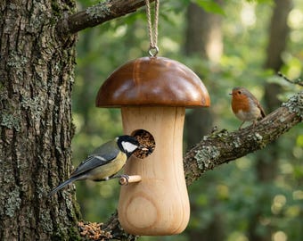 Handmade Wooden Mushroom Bird Feeder, Woodland Garden Decor, Outdoor Hanging Birdhouse