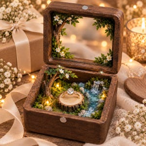 May include: A dark wood ring box featuring a miniature forest diorama with a mossy landscape, a small tree with white flowers, a flowing water feature, and a central wooden pedestal holding a gold ring with a round clear gemstone.