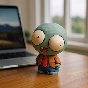 May include: A wooden figurine of a zombie character with a green head, large wooden eyes, and a small mouth. The zombie wears a brown jacket, a red tie, and blue pants. The figurine is on a wooden surface near a laptop.
