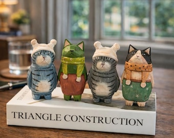Handmade Wooden Cat Figurine Set | Hand Carved Cat Statues | Cute Animal Desk Decor | Unique Gift for Cat Lovers