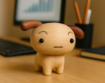 Estatueta de cachorrinho de madeira feita à mão – Decoração de mesa em forma de cachorro esculpido em madeira