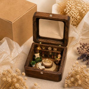 May include: A dark brown wooden box with a hinged lid and a glass window, containing a miniature library scene. Inside, a gold ring rests on a circular pedestal surrounded by a green armchair, open books, a small potted plant, and bookshelves.