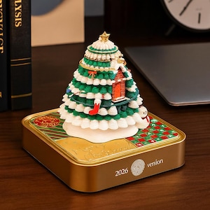 May include: A decorative Christmas tree figurine with green and white layers, a red house, and a gold star on top. The base is gold with the text "Merry Christmas" and "2026 version".