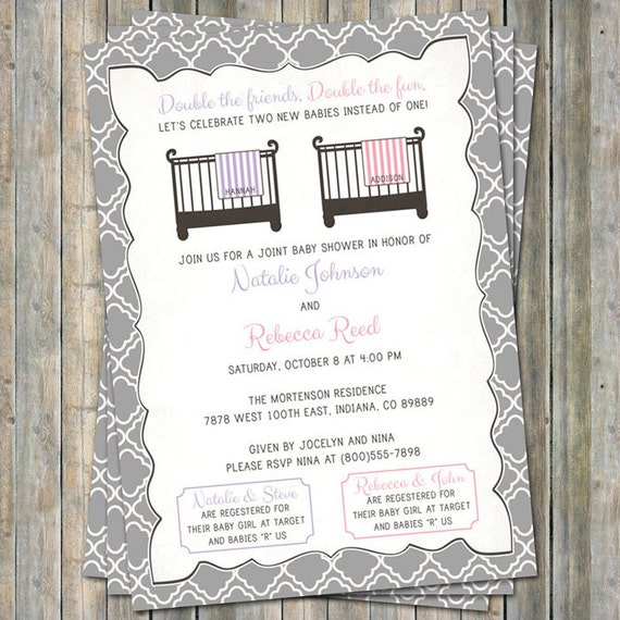 joint baby shower invitation, crib and blanket, two girls, purple and pink  digital, printable file