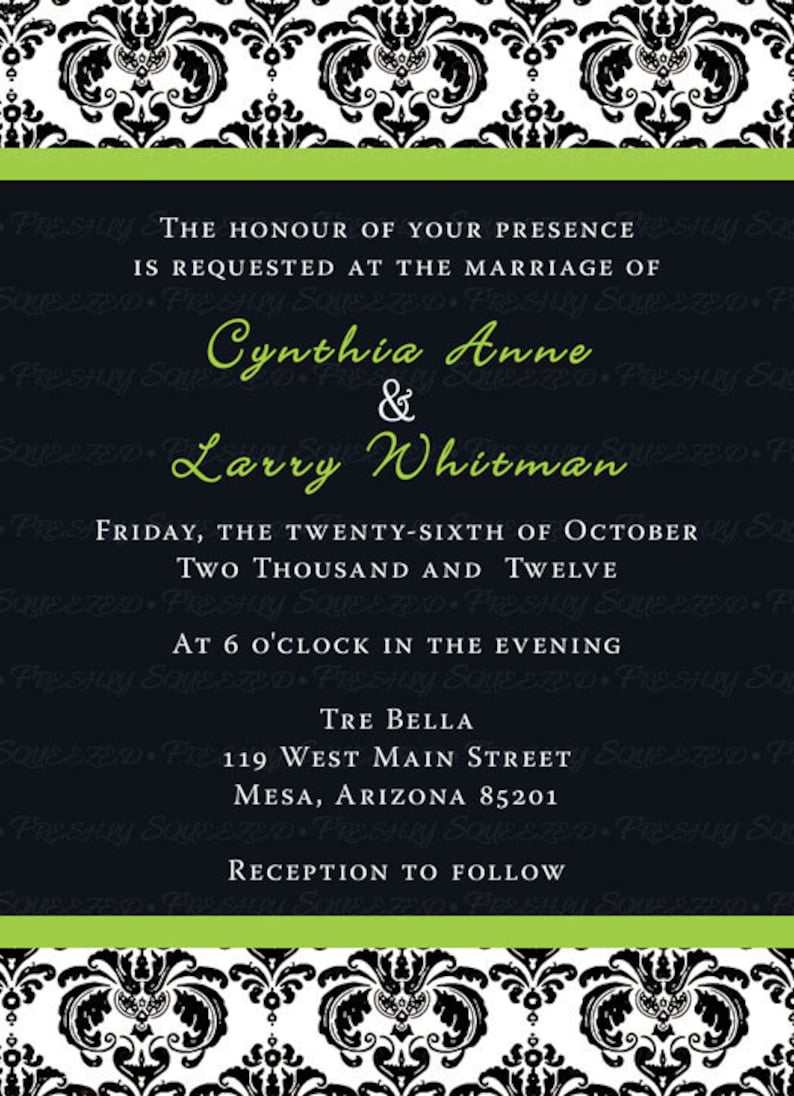 Damask wedding invitation White and Black Damask with Green Etsy