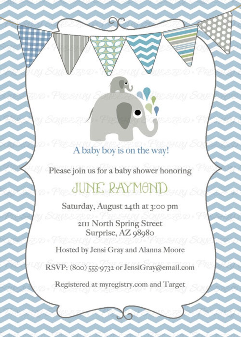 Elephant baby boy shower invitation blue/green bunting Etsy