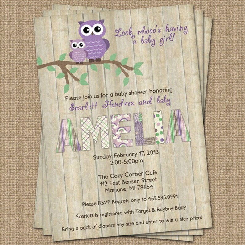 Purple Owl baby shower invitation with wood background | Etsy