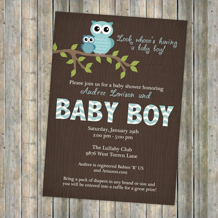 Owl baby shower invitations with chevrons on wood grain for Etsy