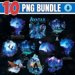 May include: A collection of ten PNG images featuring scenes and characters from the movie "Avatar: The Way of Water." The images have a blue and teal color scheme, with text that reads "Avatar," "Sivako! Rise to the Challenge," and "A World Like No Other."
