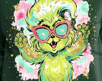 Bebé Grinch Navidad con purpurina PNG, sublimación de Green Guy (descarga digital)