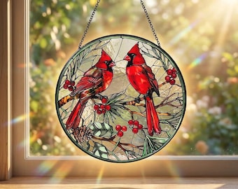 Red Cardinal Stained Glass Suncatcher, Pair of Birds Window Hanging Art, Winter Holly Berry Acrylic Ornament, Sympathy Memorial Gift