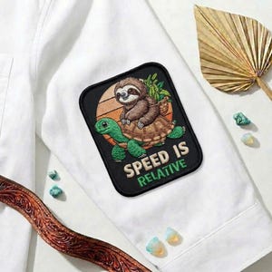 Funny Sloth Riding Turtle Patch, Retro Sunset Animal Badge, Ironic Iron On Applique