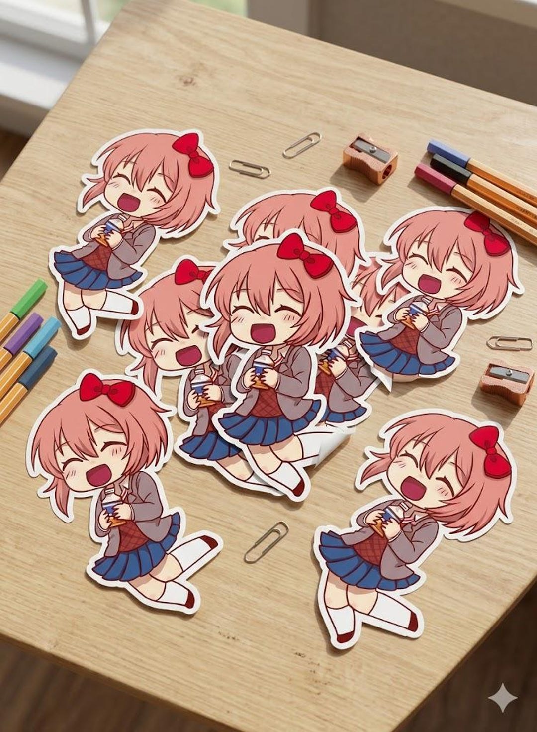 Happy Chibi Anime Girl Sticker, Pink Hair Red Bow Vinyl Decal, Cute ...