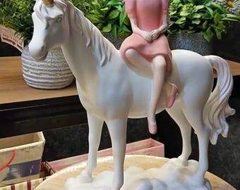 Scultura di unicorno con ragazza / Decorazione fantasy da collezione / Decorazione per cameretta e cameretta dei bambini