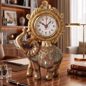 Può includere: Un orologio da tavolo decorativo con una statuetta di elefante color oro che sostiene un quadrante rotondo con sfondo bianco, numeri arabi neri e un movimento al quarzo. L'elefante è decorato con una sella strutturata e ornata con specchi intarsiati.