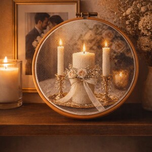 May include: A decorative embroidery hoop featuring three lit candles, with a central pillar candle adorned with flowers and a ribbon. The candles are set on a gold-colored tray, creating a warm, inviting ambiance. A framed photo is in the background.