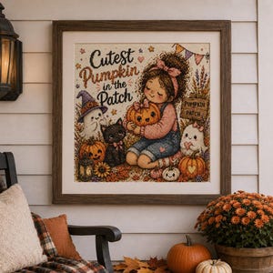 May include: A framed artwork with the text "Cutest Pumpkin in the Patch" features a girl hugging a pumpkin, surrounded by Halloween-themed characters. The artwork is in a brown wooden frame, displayed on a white wall with a black chair and fall decorations.
