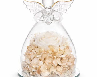 Cúpula de cristal con rosa blanca preservada de ángel, regalo conmemorativo de condolencia