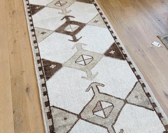 Handknotted Tribal Runner Rug 3x12 3x15 2x 10 Neutral Cream Brown Wool Runner, Modern Southwestern Geometric Hallway Entryway Carpet