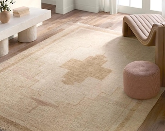 Hand Knotted Neutral Geometric Rug | Beige Wool Area Carpet 8x10 9x12 10x14 12x15 | Soft Minimal Pattern Rug for Office Living Room Bedroom