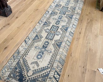 3x12 3x15 Handknotted Oushak Runner Rug, Blue Beige Turkish Wool Runner, Soft Pastel Geometric Hallway Carpet